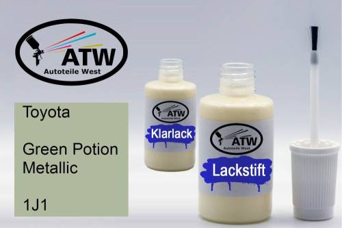 Toyota, Green Potion Metallic, 1J1: 20ml Lackstift + 20ml Klarlack - Set, von ATW Autoteile West.